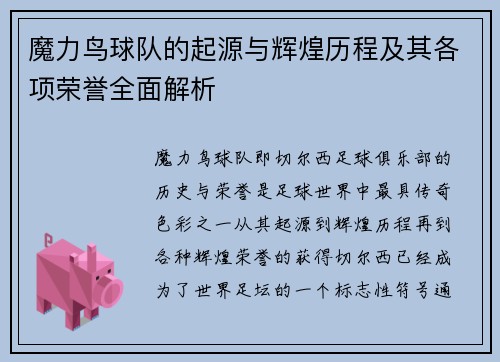魔力鸟球队的起源与辉煌历程及其各项荣誉全面解析